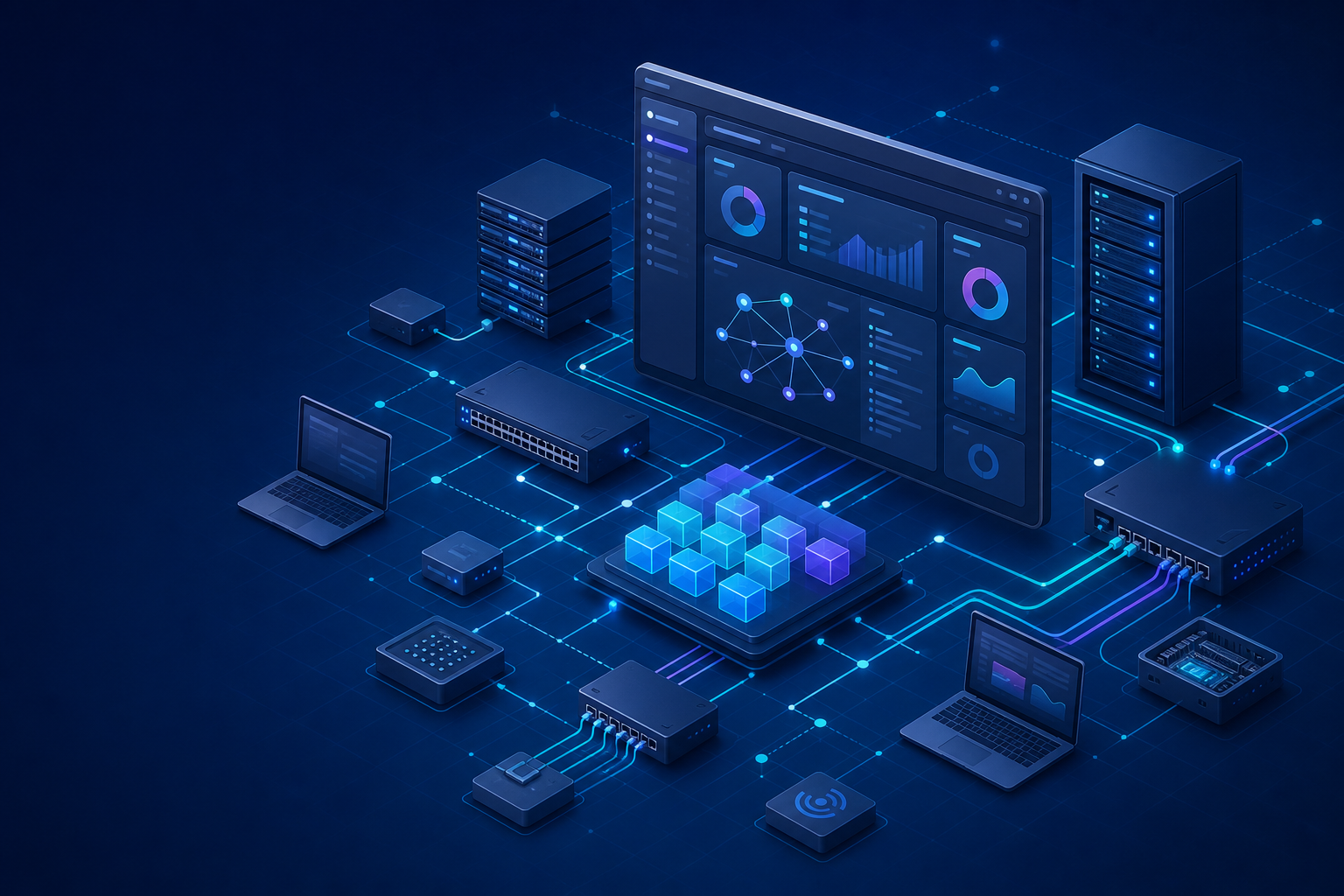 Concept illustration of network devices, sensing nodes and a management platform working together
